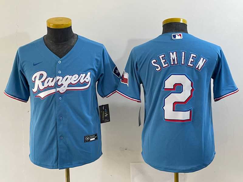 Youth Texas Rangers #2 Marcus Semien Light Blue Team Logo Cool Base Jersey->mlb youth jerseys->MLB Jersey